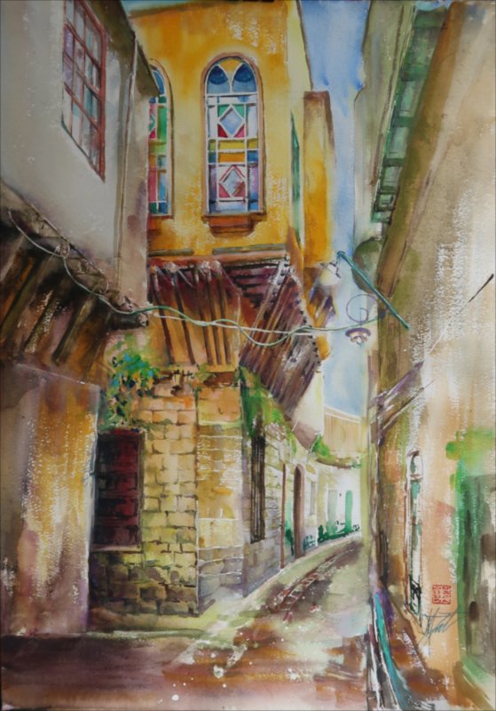 Strada din Damasc — Acuarelă pictură de Michaela Iatan