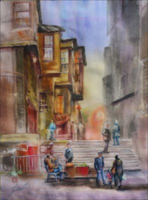 Peisaj urban în Damasc — Acuarelă pictură de Michaela Iatan