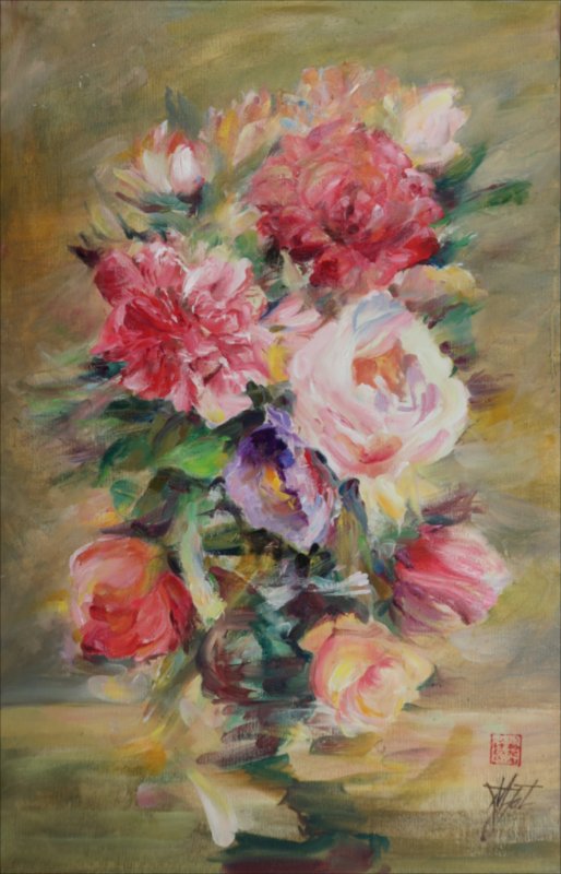 Flori-trandafir bujori — Oil painting by Michaela Iatan