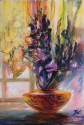 Flori la geam — Oil painting by Michaela Iatan