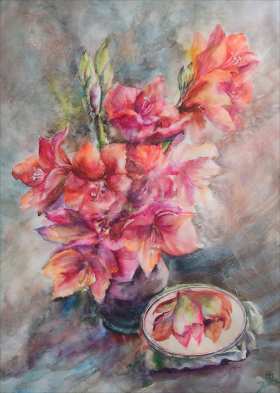 Lilies and mirror — Watercolour painting by Michaela Iatan